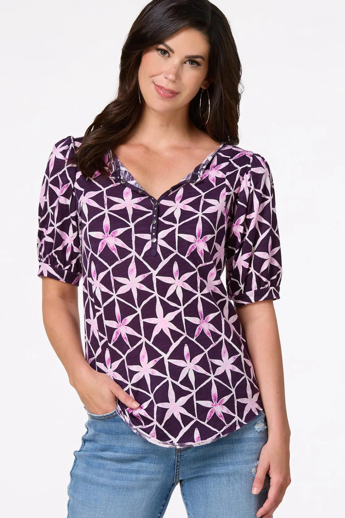 Cato Abstract Floral Henley> Tops