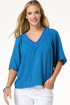 Cato Aztec Embroidered Chambray Top> Tops