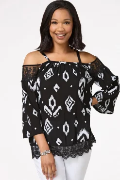 Cato Aztec Lace Trim Top> Tops