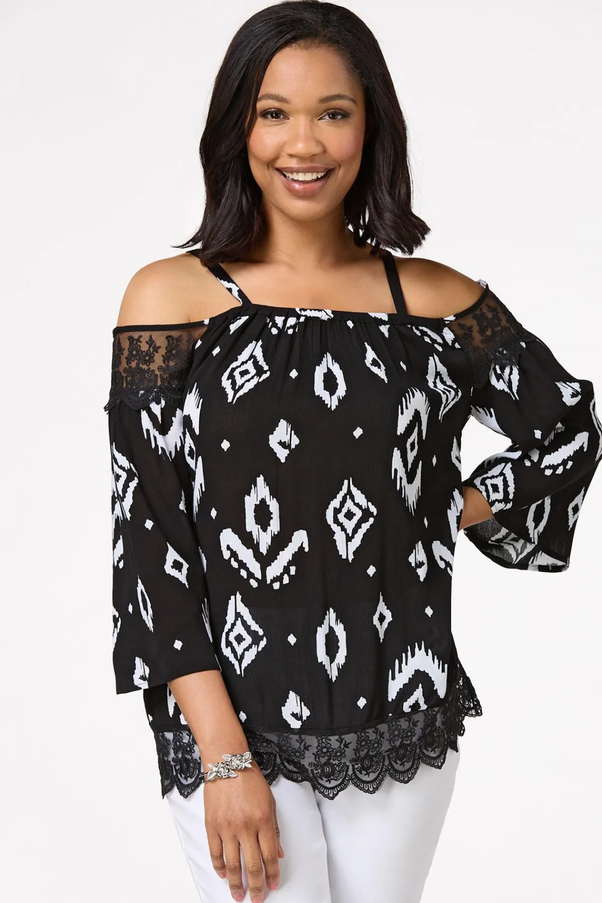 Cato Aztec Lace Trim Top> Tops