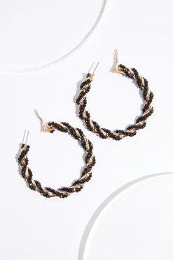 Cato Black Bead Gold Twist Hoop Earrings> Earrings