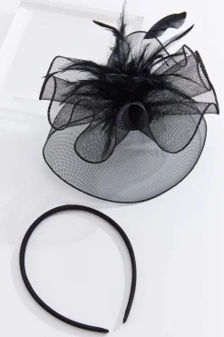 Cato Black Feather Mesh Fascinator> Hats & Hair