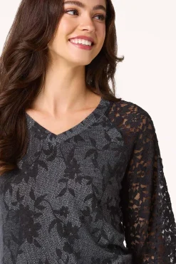 Cato Black Floral Lace Sleeve Top><noscript><img width=