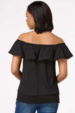 Cato Black Smocked Eyelet Top> Tops