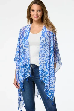 Cato Blue Damask Tassel Kimono> Cover Ups|Tops