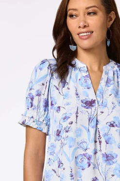 Cato Blue Floral Smocked Sleeve Top><noscript><img width=