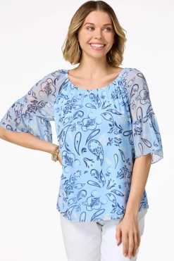 Cato Blue Mesh Floral Top> Tops