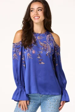 Cato Blue Paisley Cold Shoulder Top> Tops
