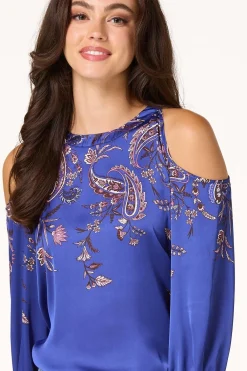 Cato Blue Paisley Cold Shoulder Top><noscript><img width=