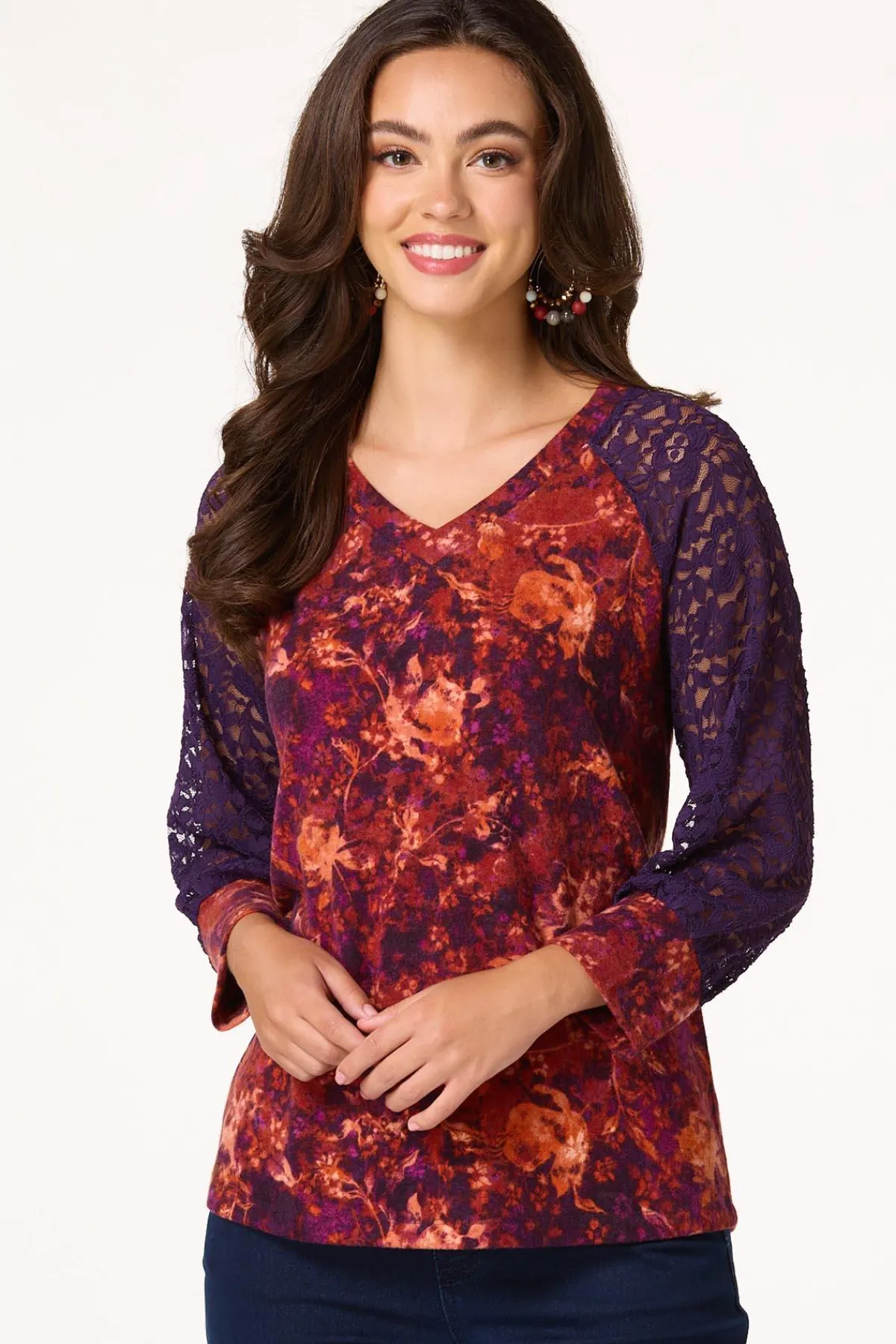 Cato Brushed Floral Lace Panel Top> Tops