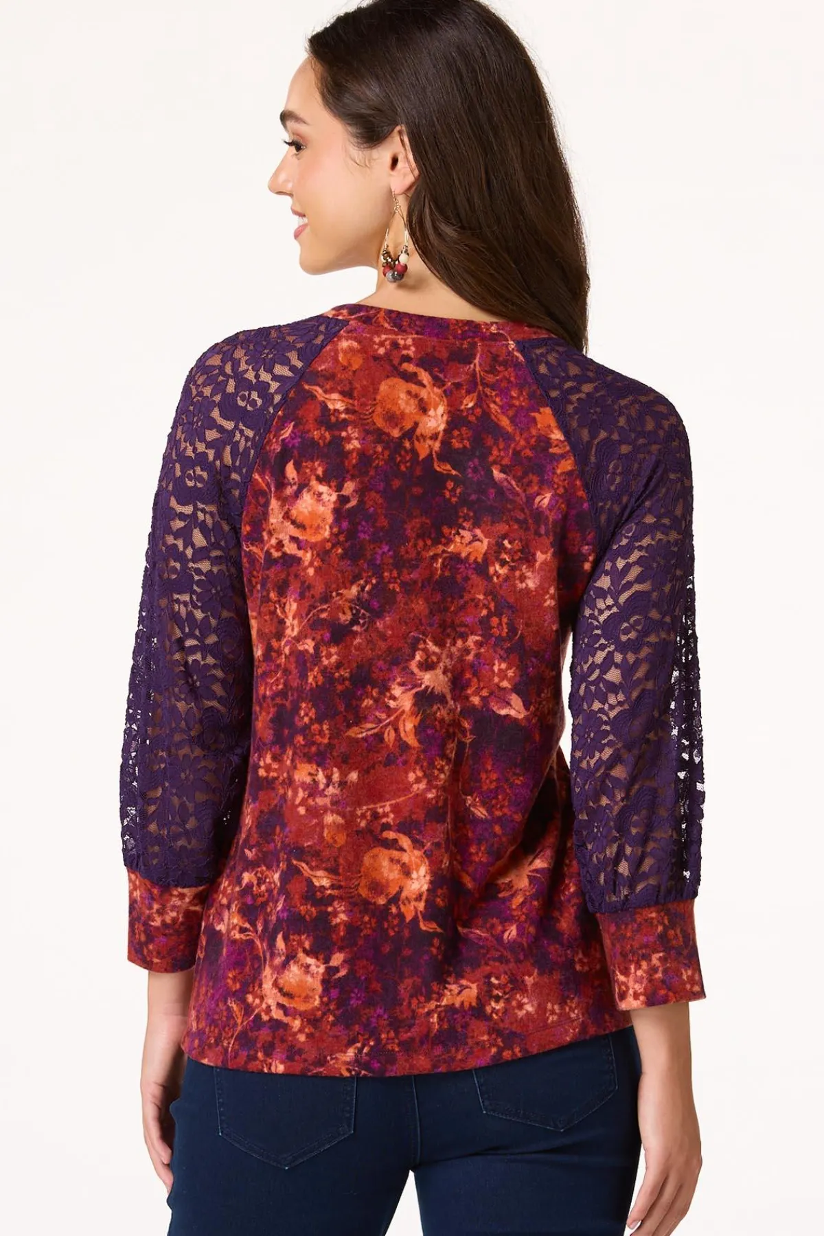 Cato Brushed Floral Lace Panel Top> Tops