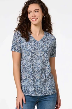Cato Burnwash Navy Paisley Top> Tops