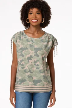 Cato Camo Ruched Sleeve Top> Tops
