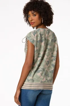 Cato Camo Ruched Sleeve Top> Tops