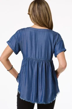 Cato Chambray Embroidered Babydoll Top> Tops