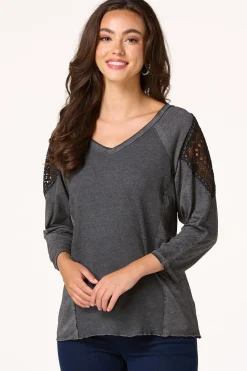 Cato Charcoal Crochet Sleeve Top> Tops