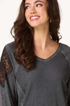 Cato Charcoal Crochet Sleeve Top><noscript><img width=