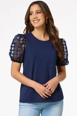 Cato Check Illusion Puff Sleeve Top> Tops