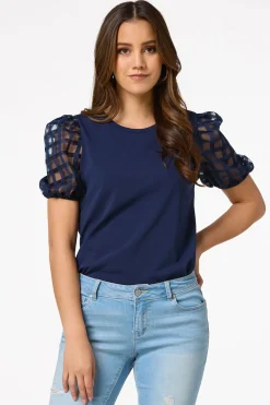 Cato Check Illusion Puff Sleeve Top><noscript><img width=