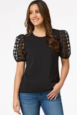 Cato Check Illusion Puff Sleeve Top><noscript><img width=