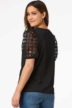Cato Check Illusion Puff Sleeve Top><noscript><img width=
