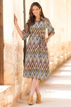 Cato Chevron Tie Waist Shirt Dress> Dresses