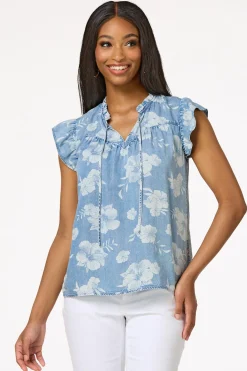 Cato Contrast Floral Chambray Top> Tops