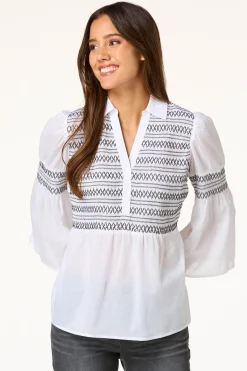 Cato Contrast Stitch Smocked Top> Tops