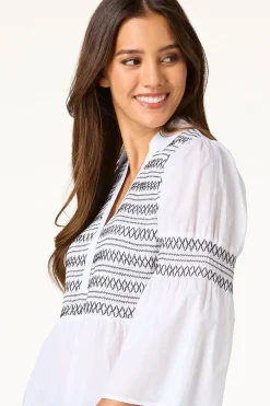 Cato Contrast Stitch Smocked Top><noscript><img width=