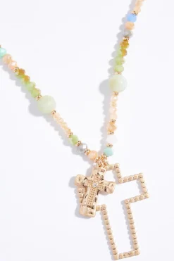 Cato Cutout Cross Beaded Long Necklace><noscript><img width=