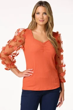 Cato 3d Floral Sleeve Ribbed Top> Tops