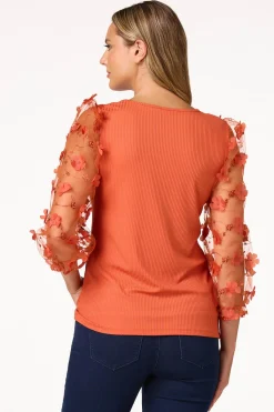 Cato 3d Floral Sleeve Ribbed Top> Tops
