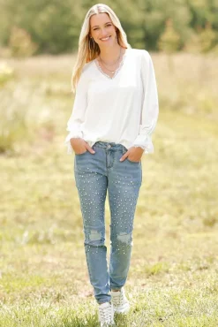 Cato Distressed Rhinestone Jeans> Jeans
