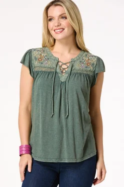 Cato Embellished Lace Up Top> Tops