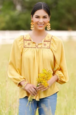 Cato Embroidered Aztec Poet Top> Tops