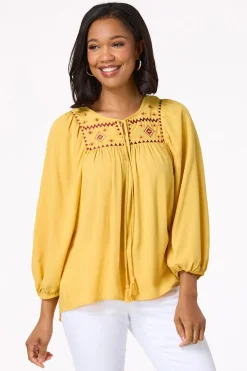 Cato Embroidered Aztec Poet Top> Tops