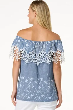 Cato Embroidered Chambray Top> Tops