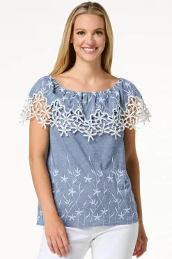Cato Embroidered Chambray Top><noscript><img width=