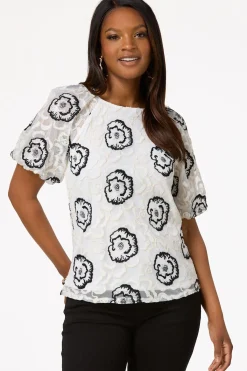 Cato Embroidered Mesh Puff Sleeve Top> Tops