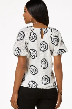 Cato Embroidered Mesh Puff Sleeve Top> Tops