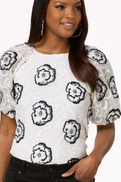 Cato Embroidered Mesh Puff Sleeve Top><noscript><img width=