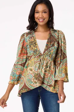 Cato Embroidered Paisley Tie Front Top> Tops