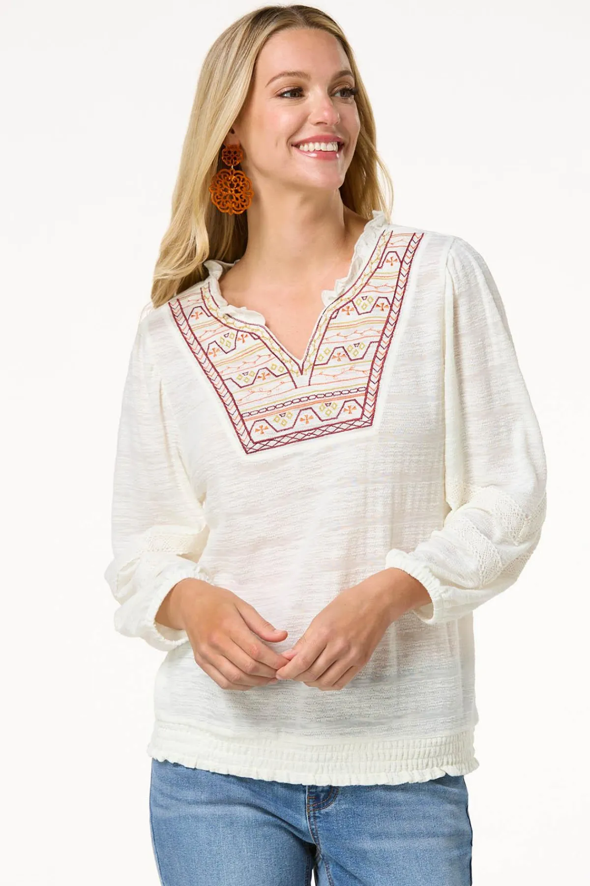 Cato Embroidered Smocked Top> Tops