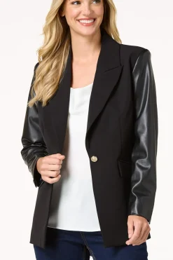 Cato Faux Leather Sleeve Blazer><noscript><img width=