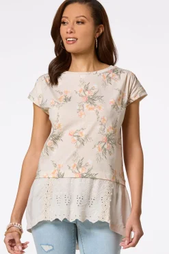 Cato Floral Eyelet Hem Top> Tops