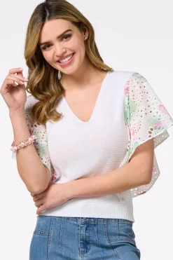 Cato Floral Eyelet Sleeve Sweater> Sweaters