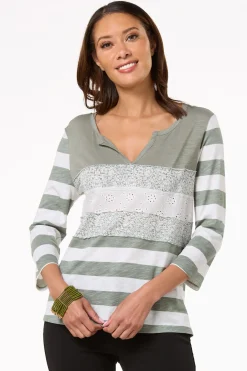 Cato Floral Eyelet Stripe Top> Tops
