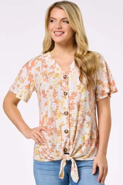 Cato Floral Eyelet Tie Hem Top> Tops
