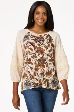 Cato Floral Fringe Balloon Sleeve Top> Tops