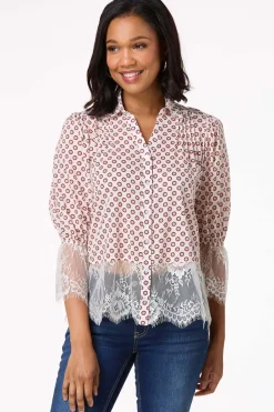 Cato Floral Lace Trim Shirt> Tops